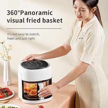 Glass Air Fryer 4.5 L Visual Air Fryer with Visible Window, Non-stick Pan, Dishwasher Safe Basket, Can Bake, Roast, Grill, and Dehydrate(White)