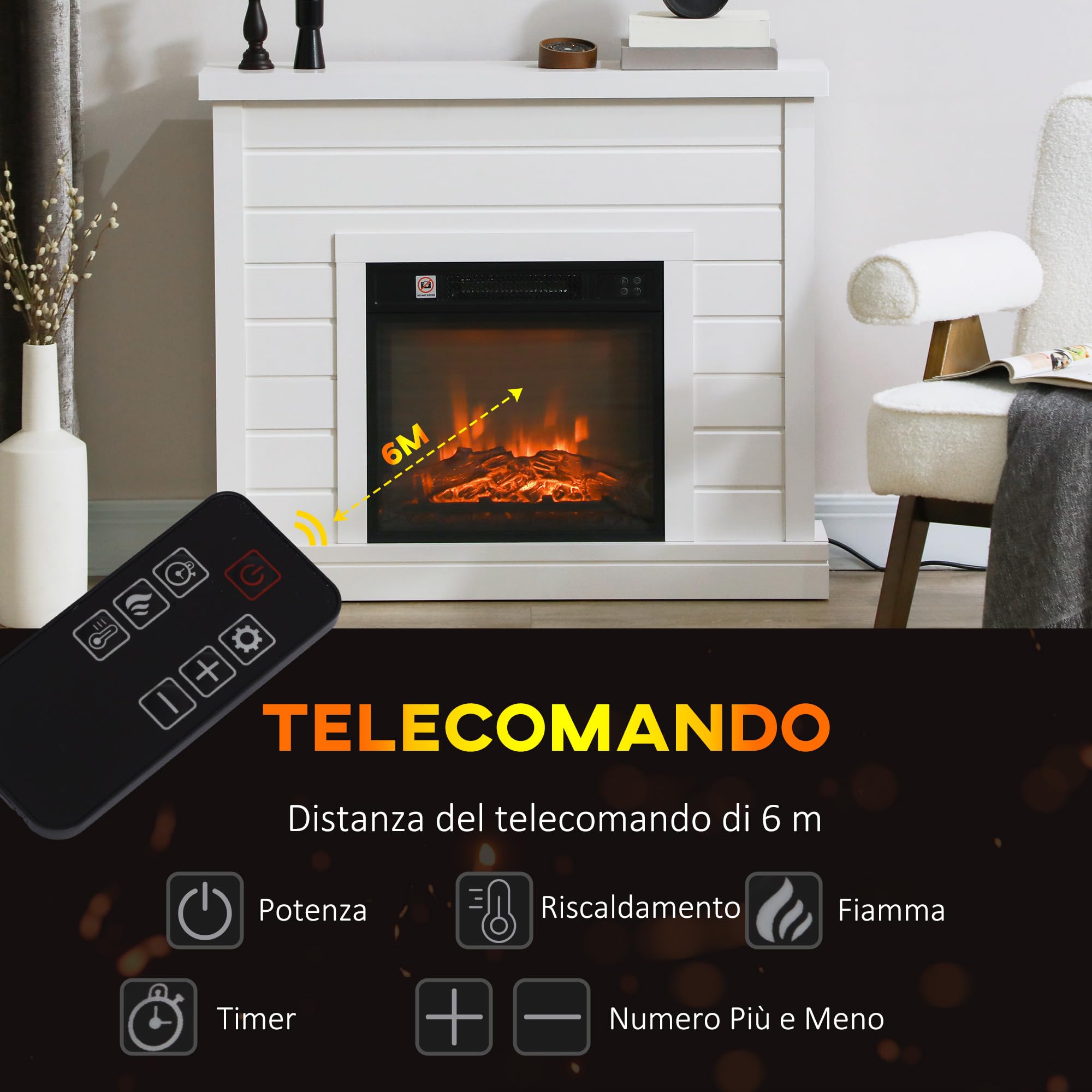 HOMCOM Camino Elettrico con Effetto Fiamma 3D, 97cm 1800W Caminetto Elettrico con Spegnimento Automatico, Risacaldamento Regolabile, Termostato, Timer e Telecomando per Soggiorno, 30㎡, Bianco