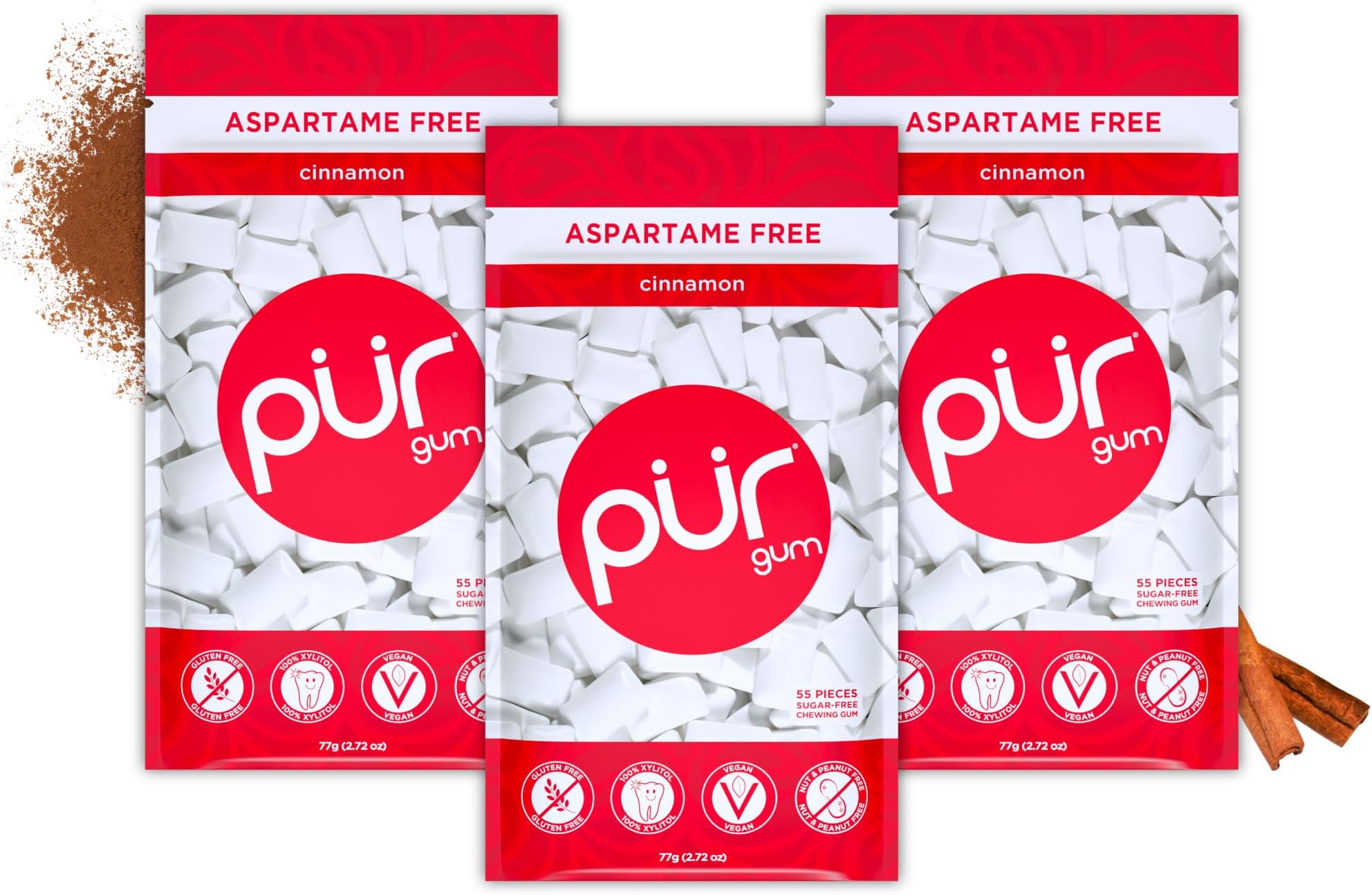 PUR Gum The Company | Sugar-Free + Aspartame-Free Chewing | 100% Xylitol | Cinnamon | Vegan + Non GMO | 55 Pieces per Bag (Pack Of 3, 165 Pieces)