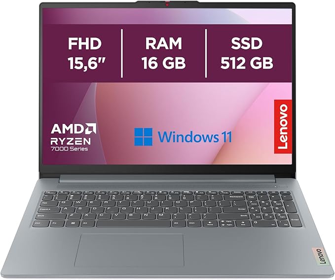 Lenovo IdeaPad Slim 3 Notebook 15,6” FHD (1920x1080) - AMD Ryzen 5 7520U, 16GB RAM, 512GB SSD, Windows 11 Home, WiFi 6 - Arctic Grey, Esclusiva Amazon