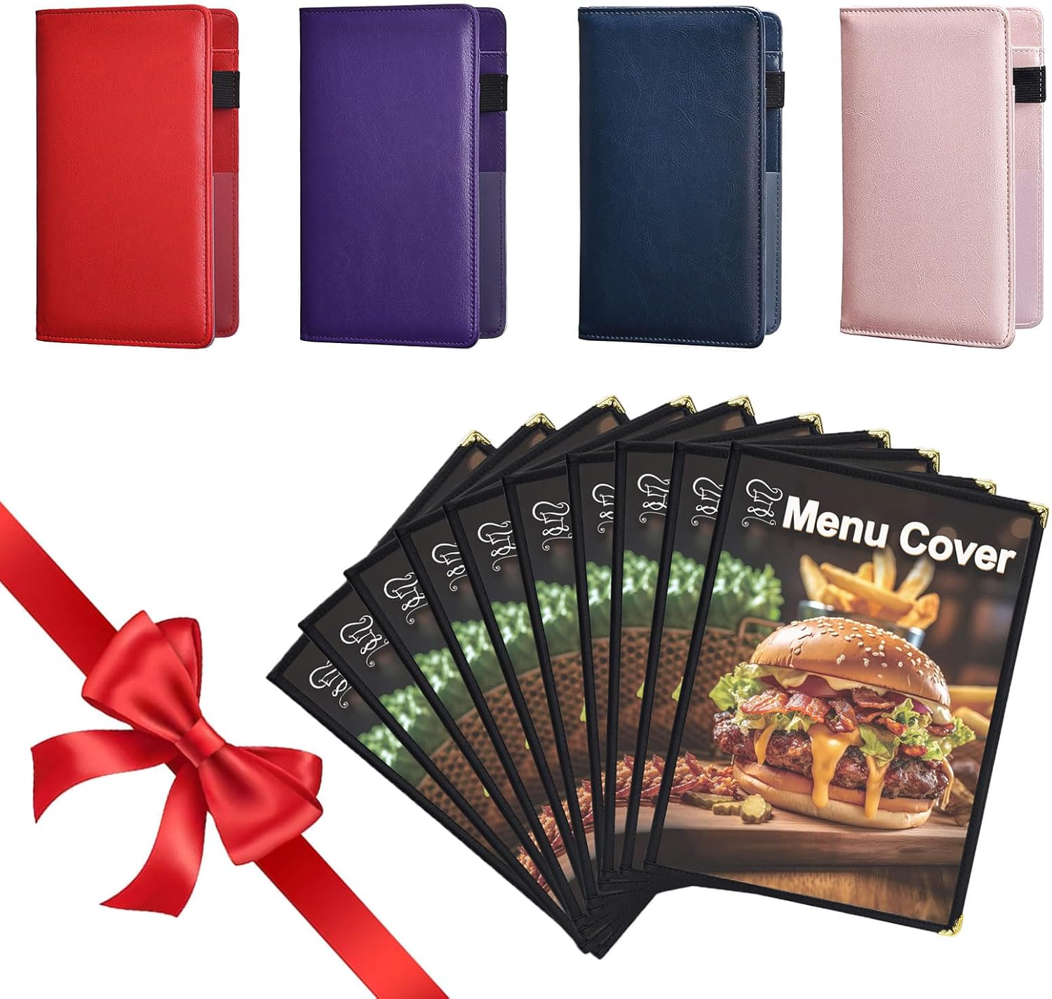 Black Server Books -Waitress/Waiter Book with Zipper Money Pocket,Restaurant Menu Covers, 2 PCS 4 page 8view transparent leather Menu Covers 8.5x11 Inch