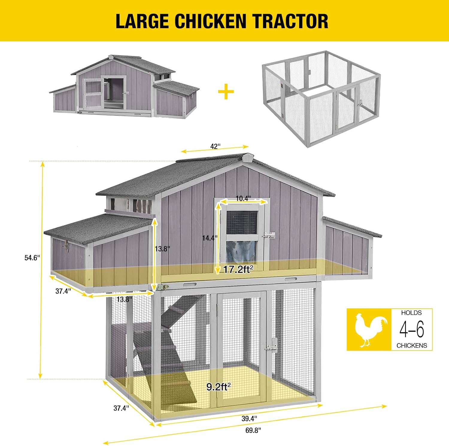 Large Chicken Coop, Wooden Chicken Coops with Nesting Boxes and Removable Tray, Waterproof Hen House with Asphalt Roof, Poultry Cage for Outdoor Backyard, Unique Folding Design