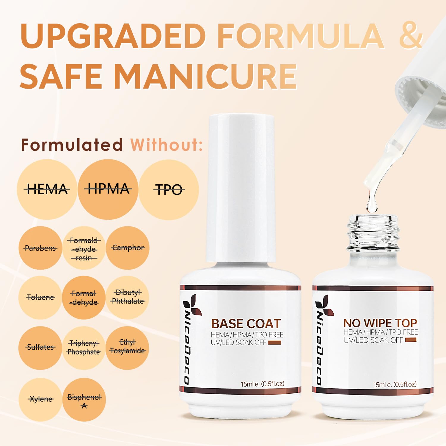 Nicedeco No Wipe Gel Top Coat and Base Coat, 6 Pcs Rubber Base Gel Polish for Nails