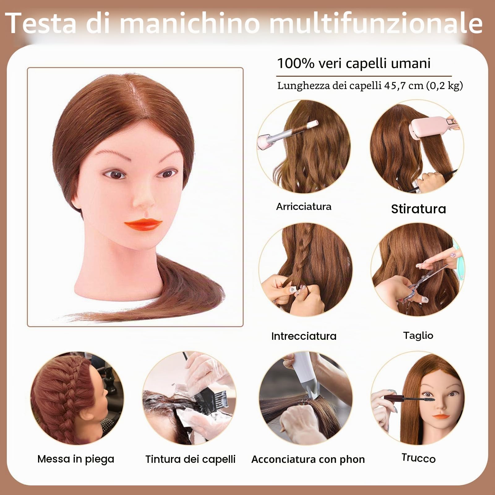 TopDirect 18" 100% veri capelli Testina Parrucchiere Testa Studio Parrucchiere Manichino Cosmetologia Formazione Parrucchiere Pratica Modello Capelli con Morsetto + Acconciature per Capelli
