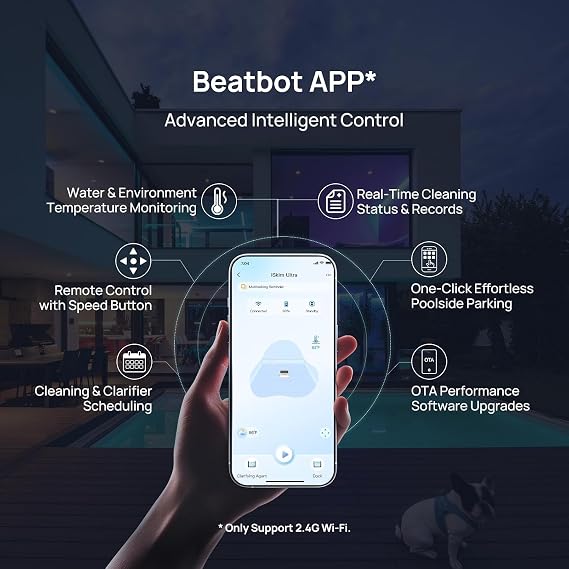Beatbot iSkim Ultra Solar-Powered Auto Pool Skimmer 24/7 Cleaning, Built-in Water Clarification, Smart App & Voice Control, Dual Charging, Precision Edge & Corner Cleanup, Navy Blue