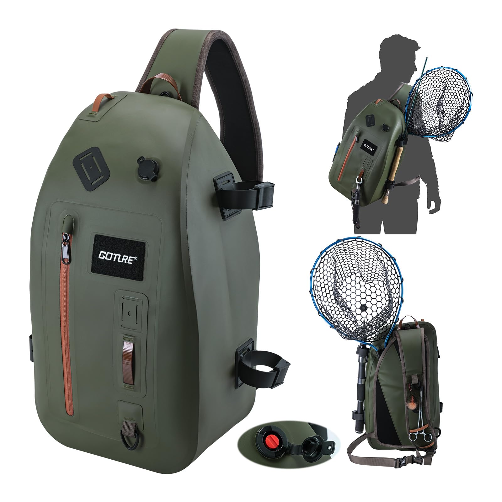 Goture Waterproof Fly Fishing Sling Pack, IPX8 840D TPU Fishing Sling Bag, 13L Tackle Backpack with Rod Holder,Airtight Zipper,Exhaust Valve,Adjustable Strap for Kayaking,Wadering,Hiking