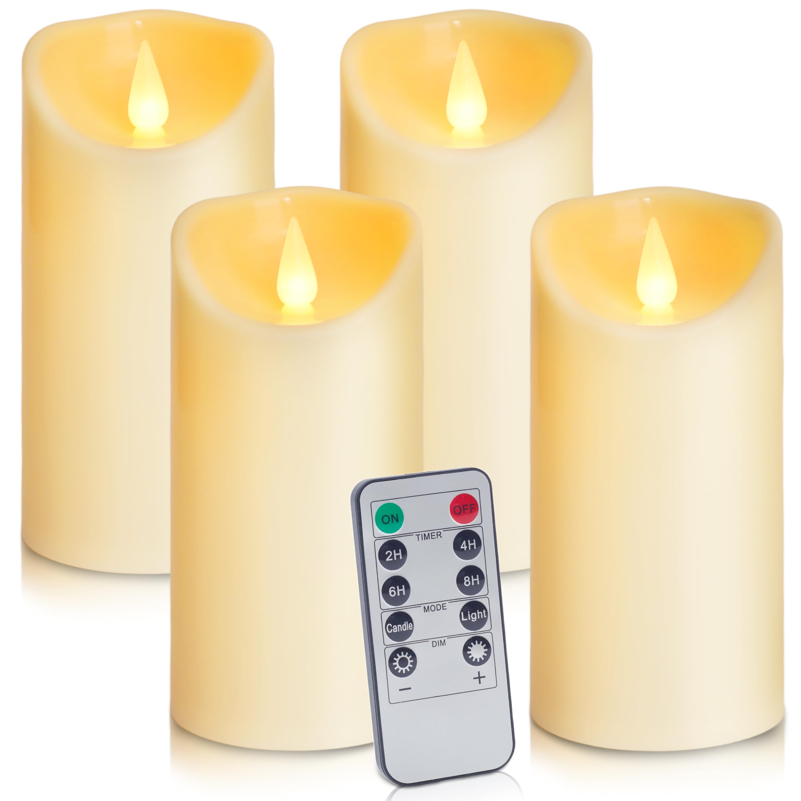 Auralome LED Flameless Candles - Battery Operated Lights Plastic Pillar Candle Remote Control Timer Realistic Flickering Flame Electric Powered Artificial Candle Large Ivory Outdoor Indoor Set of 4