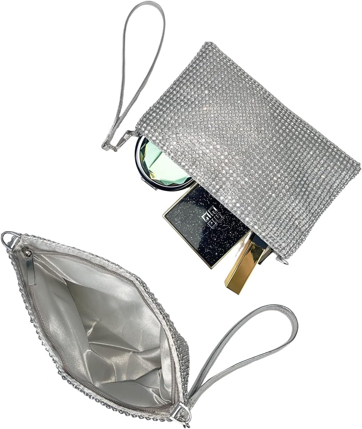 Silver Wristlet Clutch Purse for Women Evening Bags and Clutches Purses Bling Small Purse with Rhinestones Handbag