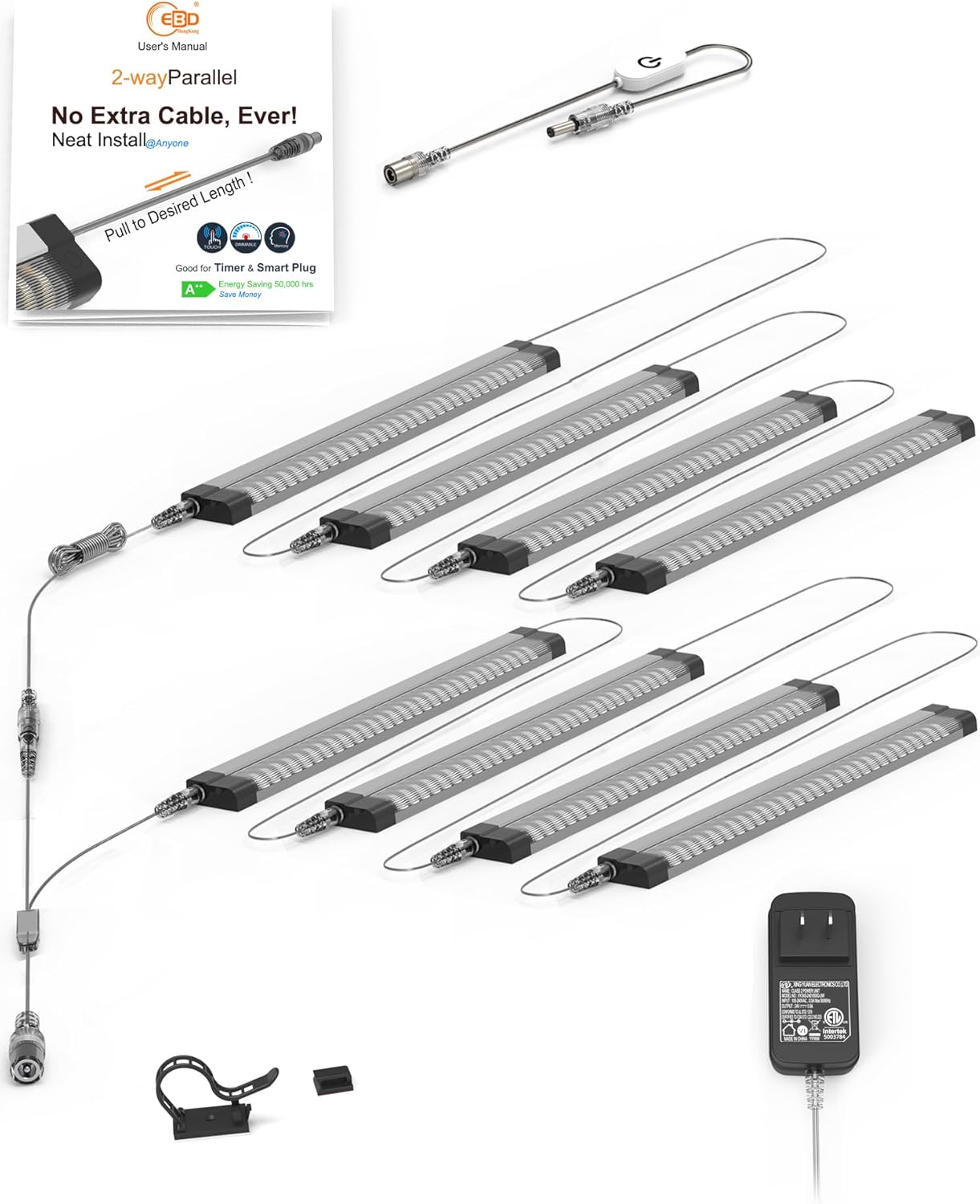 Dual Layer Cabinet Lighting 4-Pack, Parallel Connected LED Lights with 18” Adjustable Cables for 2-Tier Shelves, 6500K Cool White 16W 1800LM, Touch Dimmer & ETL 24V Power Supply for Clean Installation