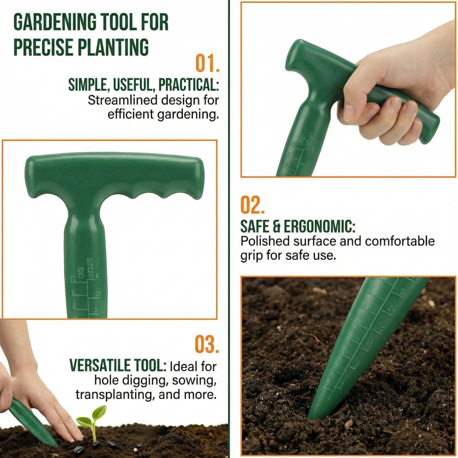 Plantoir à Bulbes avec Poignée en T Ergonomique, Plantoir Jardinage Manuel avec Mesure de Profondeur, Outil de Jardinage pour Bulbes, Semis, Fleurs & Légumes, Outil à Bulbes