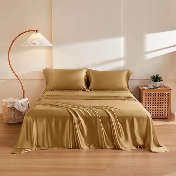 THXSILK Silk Sheet Set 4Pcs, 6A+ Top Grade 100% Natural Mulberry Silk Bed Sheets, Luxury Bedding Sets Ultra Soft Durable, 1 Fitted Sheet, 1 Flat Sheet and 2 Pillow Shams (Queen, Metallic Gold)