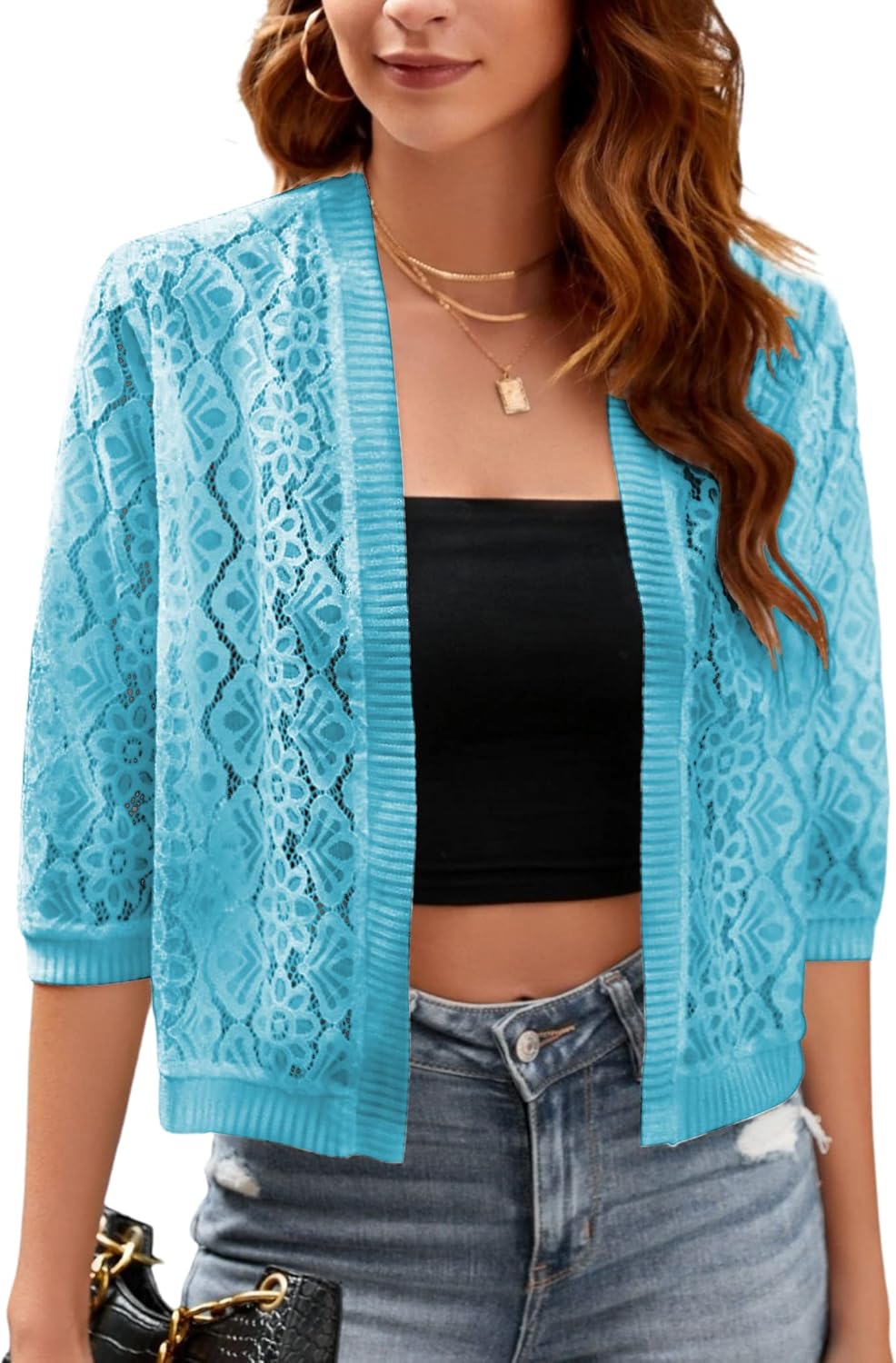 FindThy Women’s Casual Summer Lace Cardigan Open Front 3/4 Sleeve Solid Lace Shrug Cover Up