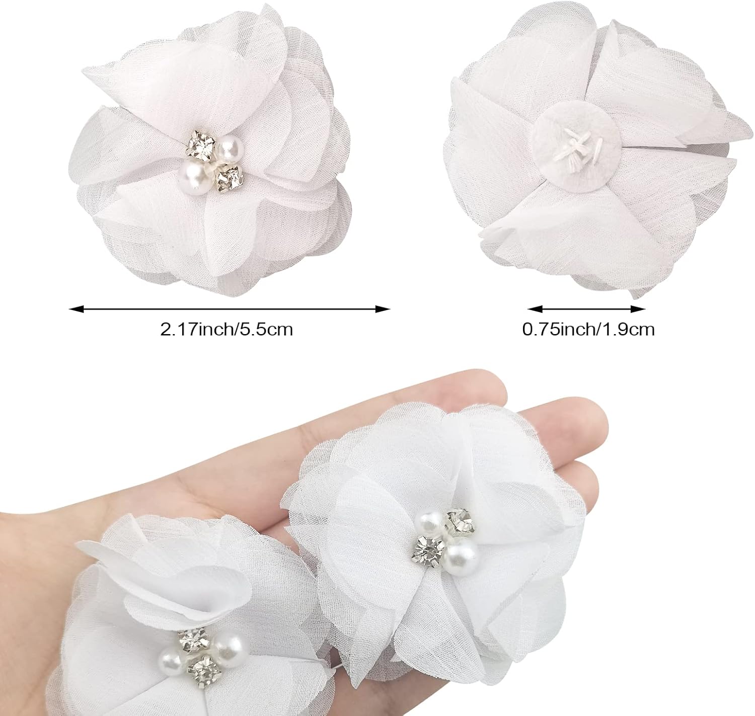 30 PCS Rhinestone Pearl White Chiffon Flower Sewing Fabric Appliques for Clothing, Headbands Flower, Crafts, Party Decoration, Sewing Applique