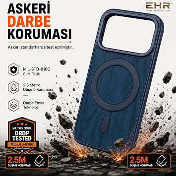 Ehr. iPhone 17 Pro/18 Pro ile Uyumlu Kamera Çıkıntılı MagSafe Wireless Şarj Özellikli Ahşap Görünümlü İçi Kadife Ultra Lüks A Kalite Premium Silikon Kılıf (Mavi, iPhone 17 Pro/18 Pro)
