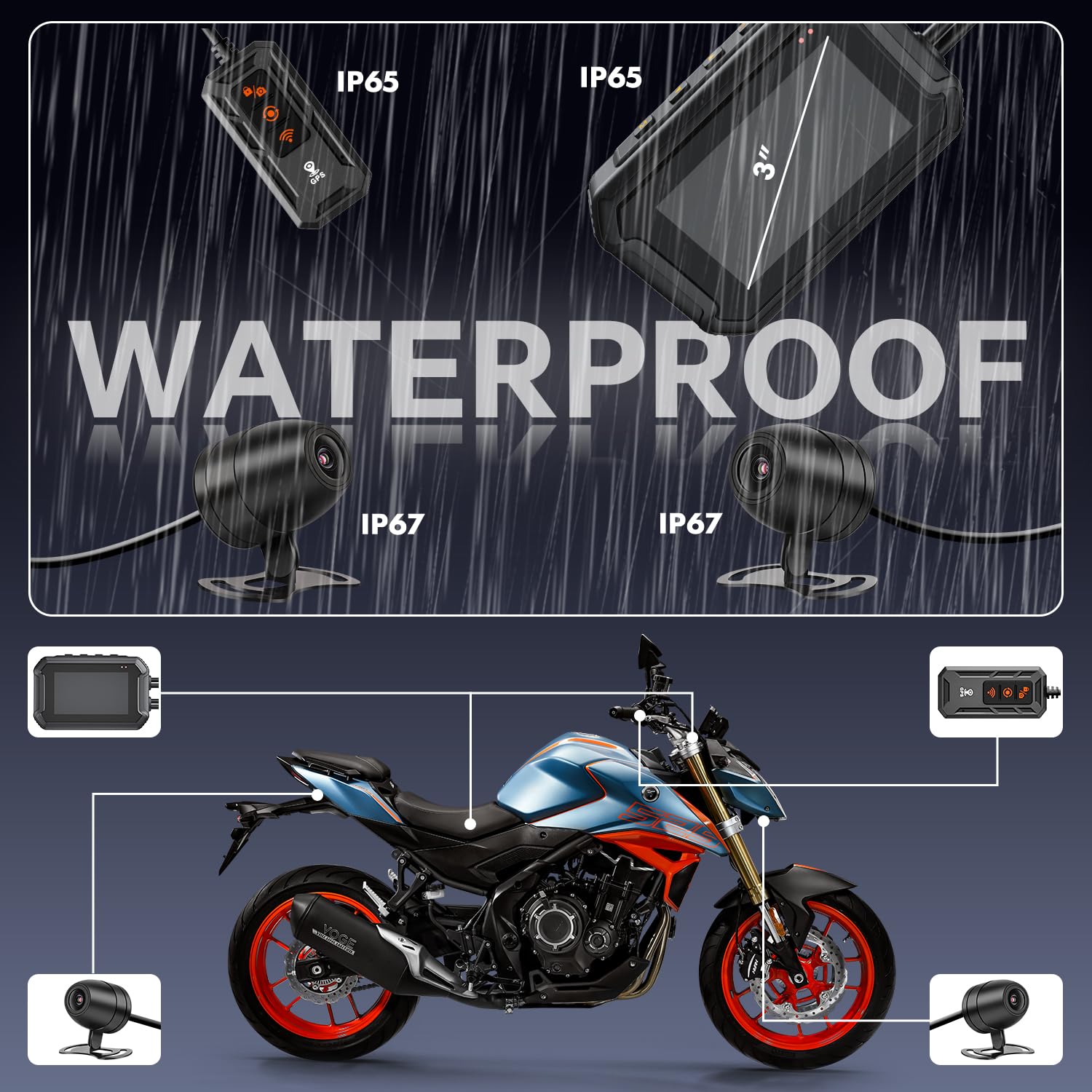Dashcam Motorrad wasserdicht mit GPS-Logger, 1080P Motorrad Kamera vorne und hinten mit Parküberwachung, App-Steuerung, Fernbedienung, inkl. 64 GB TF-Karte