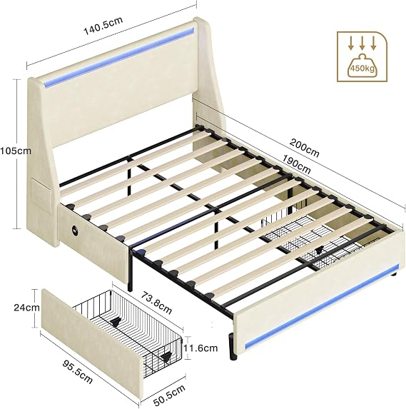 VECELO 4ft6 Double Bed Frame with LED Lights, Velvet Upholstered Platform Bed with 2 Storage Drawers, Side Pockets, Dual USB and Type-C Charging Ports, Easy Assembly, No Box Spring Needed