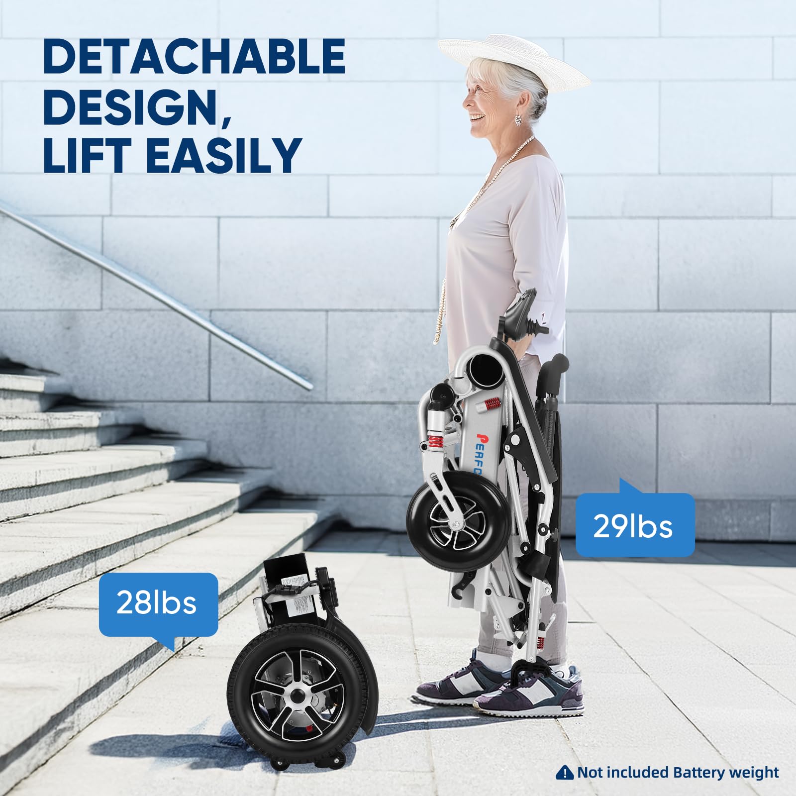 28 Miles Long Travel Electric Wheelchairs for Adults Seniors, PERFCARE 2-in-1 Detachable Foldable Lightweight Electric Wheelchair with Adjustable Backrest for All Terrain Airline Approved (Silver)