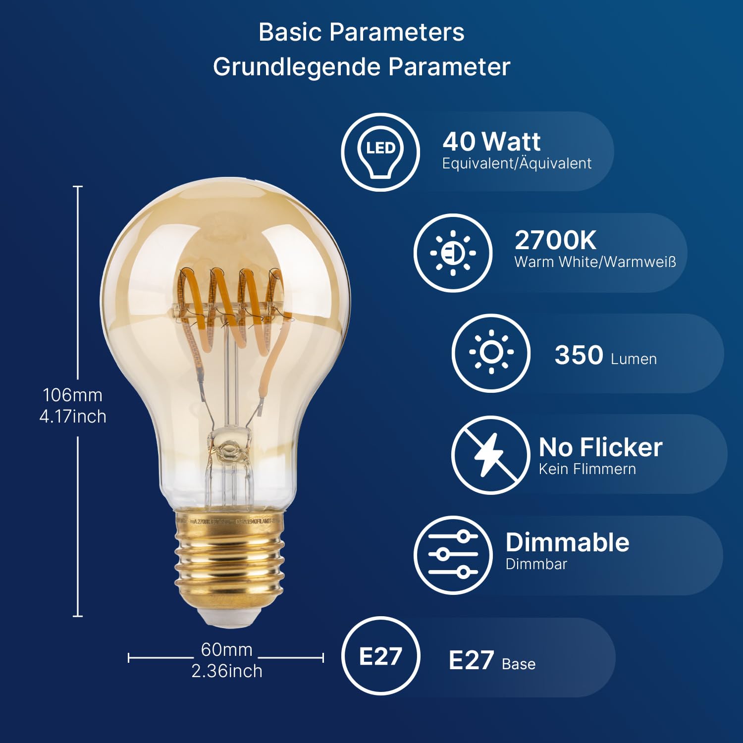 FLSNT Żarówka Edison z możliwością ściemniania A60 Edison E27 w stylu vintage, spirala LED, 4 W, zamiennik żarówki 25 W, 2700 K, ciepła biel, szkło bursztynowe, 4 sztuki