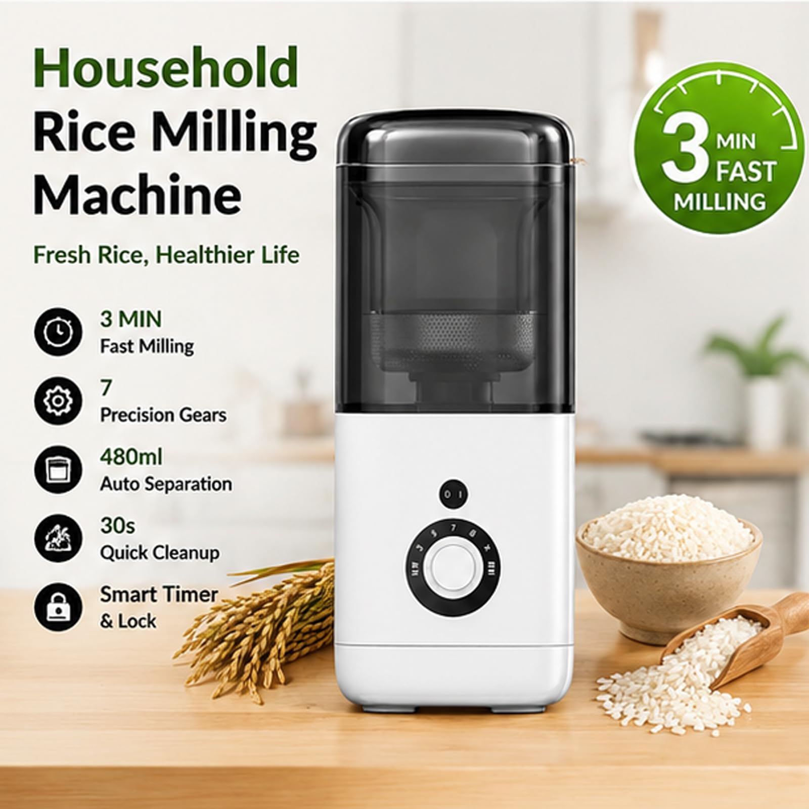 Macchina automatica per la macinazione del riso, separatore di crusca di riso da 480 ml, con misurino, 7 marce per uso domestico, produce in 3 minuti, ideale per grano e cereali
