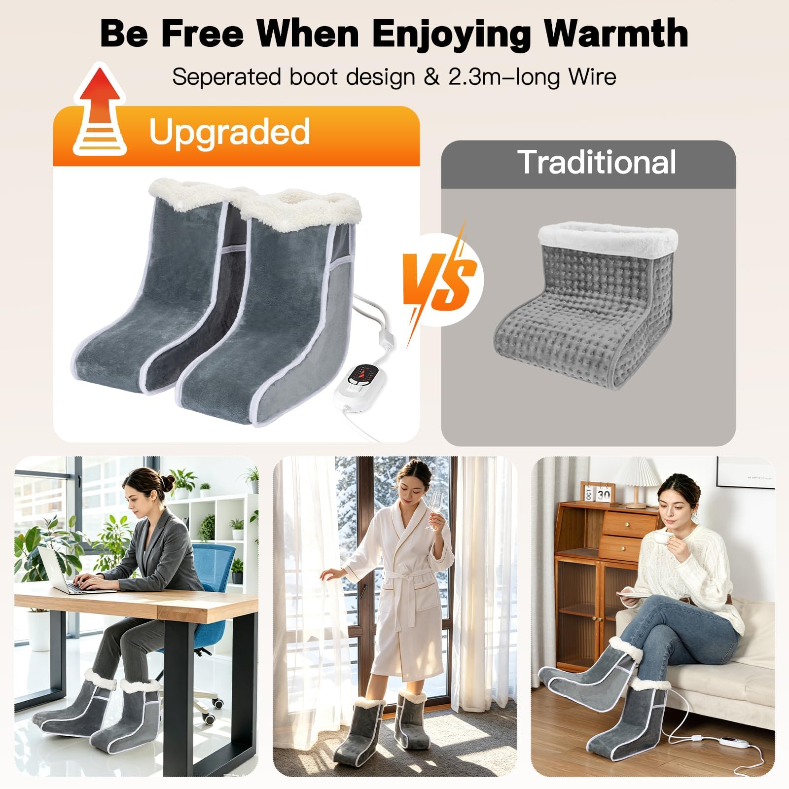 Chauffe-pieds électrique haut avec poches de pieds séparées, sangle élastique, chaussons chauffants pour homme et femme, chauffage rapide, 6 niveaux de température, 4 réglages de minuterie