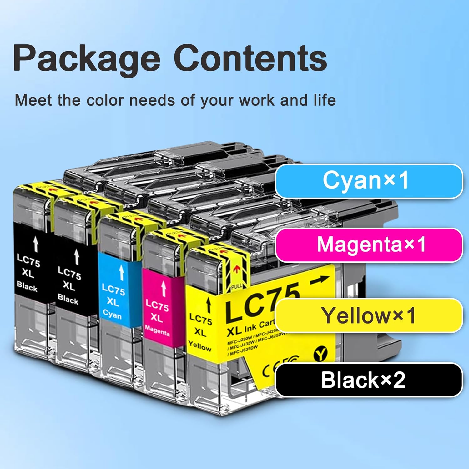 LC75 LC75XL Ink Cartridges High Yield 5-Pack (LC75C LC75M LC75Y, 2 x LC75BK XL) Replacement for Brother LC75 Ink Cartridges LC71 LC79 XL Work with MFC-J6510DW MFC-J6710DW MFC-J6910DW MFC-J280W Printer