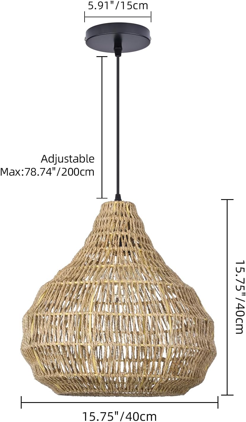 1 Light Farmhouse Seagrass Wicker Chandelier for Dining Room, Handmade Rustic 15.74''W Pendant Lamp Shade, Natural Woven Hanging Ceiling Light Fixture for Kitchen Bars Restaurants