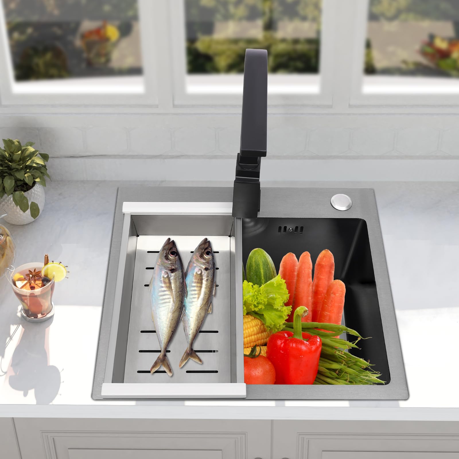 Lavello da incasso in acciaio inox, 40 x 45 cm, lavello da cucina con rubinetto, set di scarico + dispenser di sapone, lavello da cucina, 1 bacino per un uso facile da usare