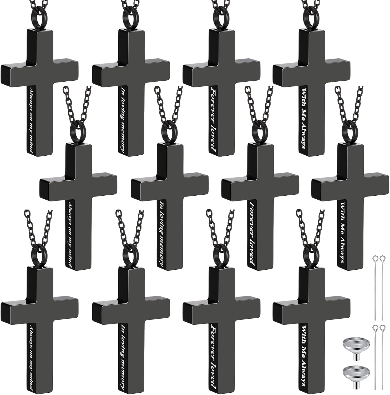 Huquary 12 Pcs Cremation Cross Necklace for Ashes Stainless Steel Cross Urn Pendant Ashes Holder Memorial Jewelry with 2 Funnels and a Funnel Needle Refill Kit