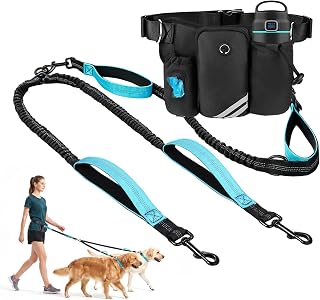 Hands Free Retractable Double Dog Leash, Dual Bungee Waist Belt Reflective | Equipped with adjustable waist fanny pack, perfect for outdoor activities: walking, running, hiking