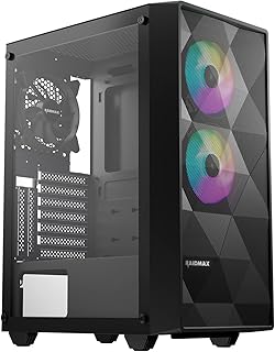 Raidmax Meshian PC Case, Mid-Tower Gaming PC Case with Diamond Mesh Grill, Gaming PC Case Tempered Glass Side Panel, Pre-Installed Fans Computer Case, ARGB Light, USB 3.0, HD Audio, ATX Case Black