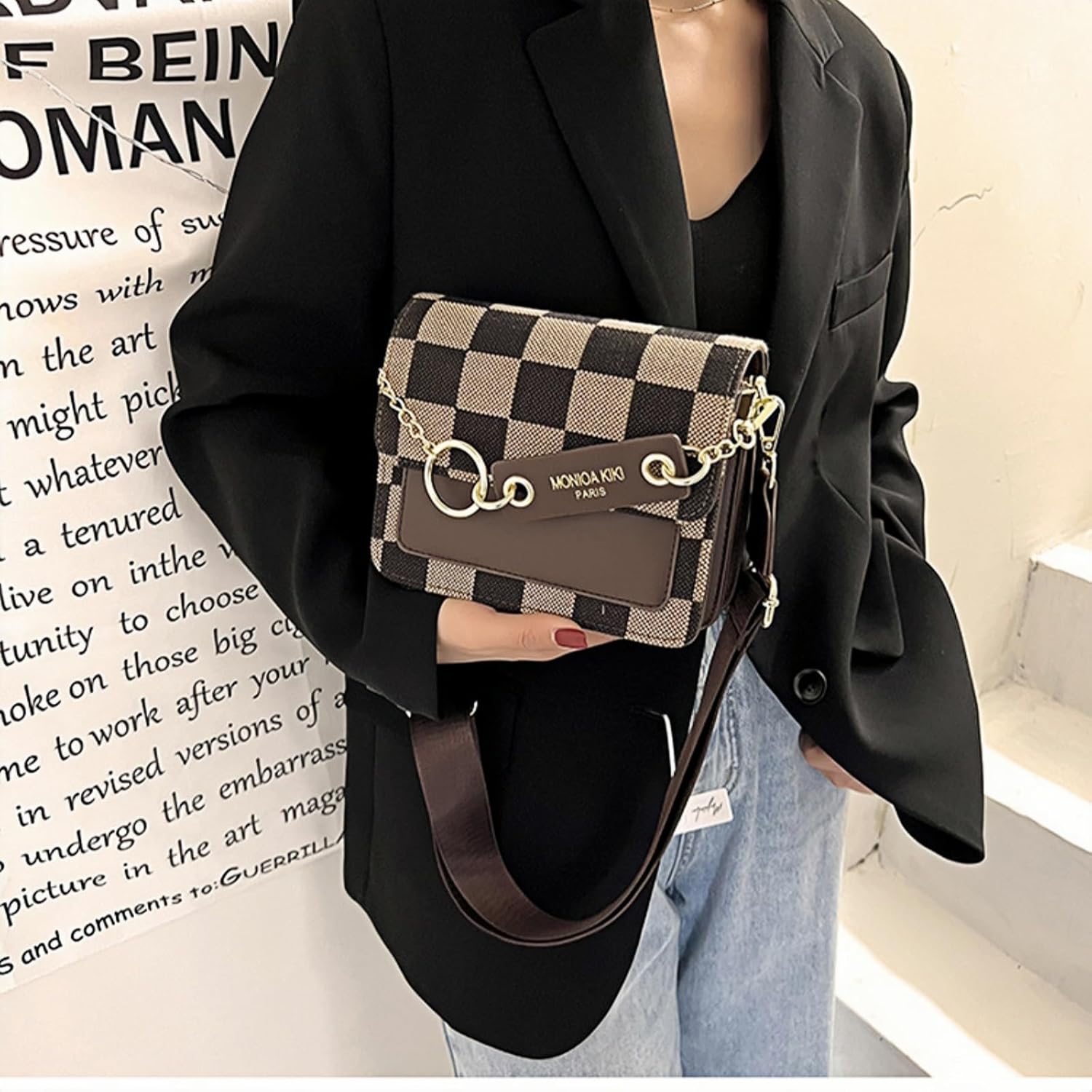 Checkered Crossbody Bag for Women, Leather Checkerboard Shoulder Handbag Trendy Plaid Clutch Purse Ladies Cute Satchel