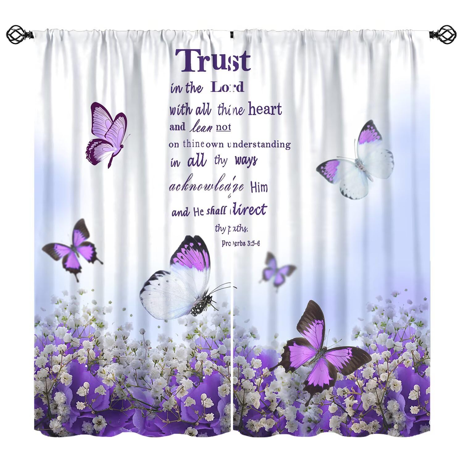 Moderw Bible Christian Scripture Curtain Purple Flower Butterfly Spring Botanical Floral Window Treatments Verse Quotes Motivational Positive Inspirational Drapes for Bedroom Living Room W42xL54in