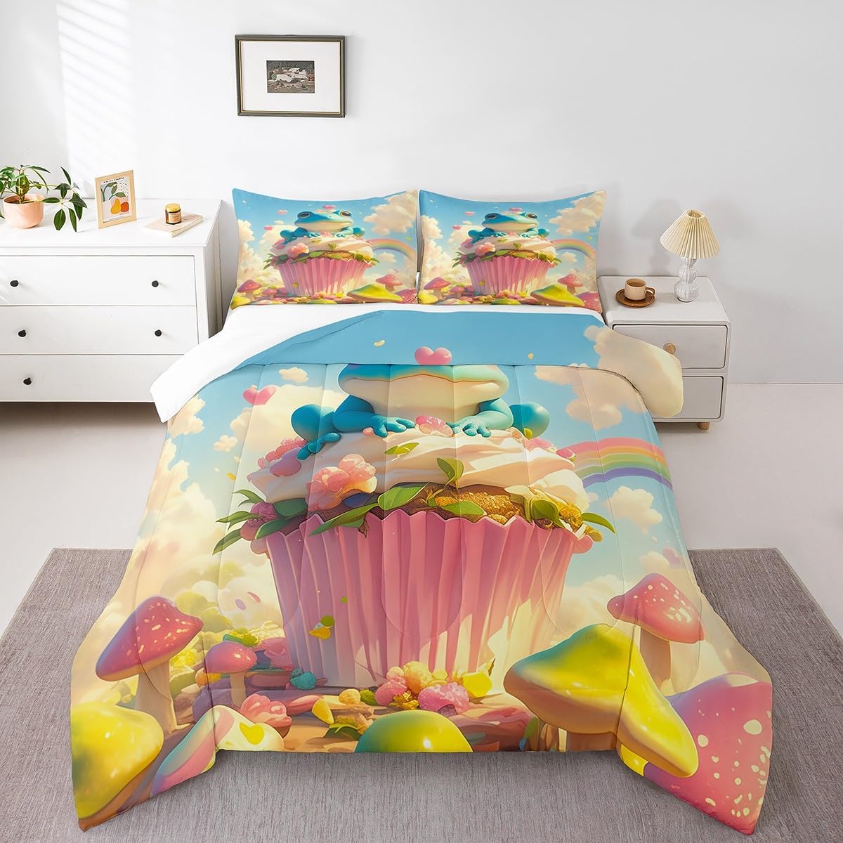 Kawaii Frog Cake Comforter Queen for Kids Adults Youth,3D Cup Cake Dreamy Jungle Mushroom Quilt Comforter Room Decor,Watercolor Rainbow Cartoon Sky Quilted Duvet Duvet Insert,2 Pillowcases