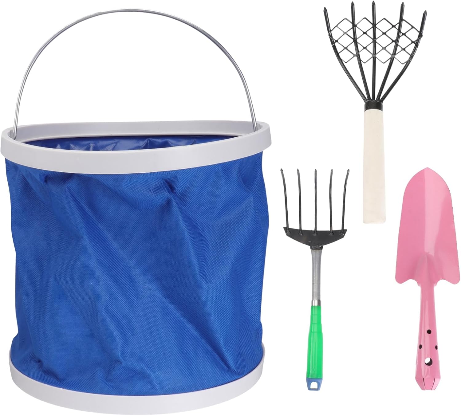 5-Prong Stainless Steel Rake for Gardening Soil Loosening Clamming High Carbon Steel Claw Rake with Mesh Portable Beach Tool for Seafood Harvesting 4-Piece Set in Random Colors