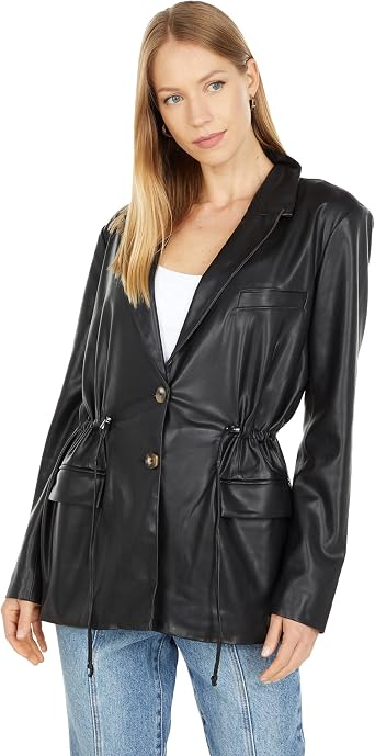 [BLANKNYC] Womens Vegan Leather Blazer with Drawcord Waist, Comfortable Coat & Stylish Jacket