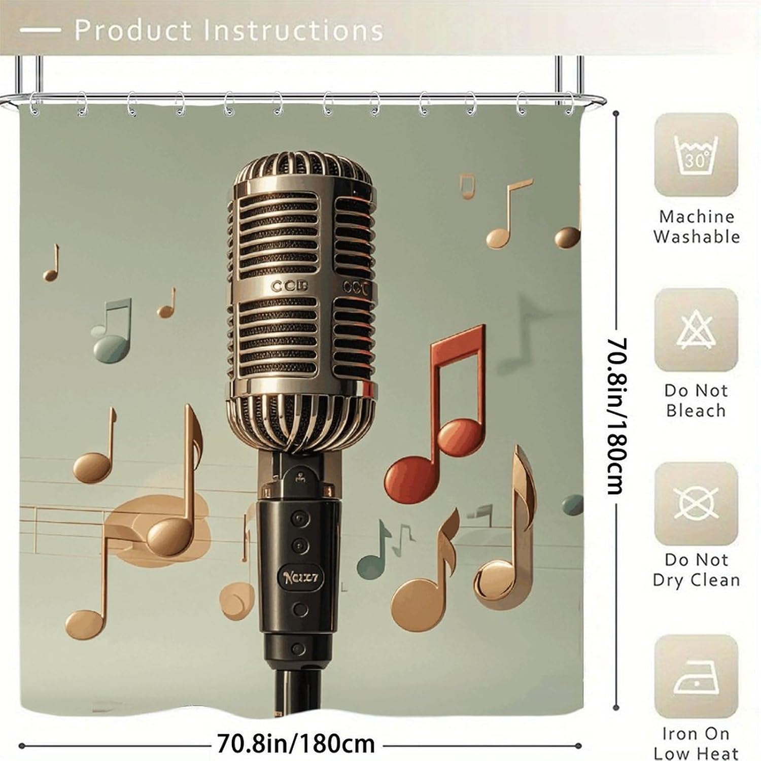 Microphone with Music Note Shower Curtain for Home, Reusable Curtain Liner with Hooks, Lightweight Bath Curtains for Hotel, Waterproof Bath Curtains for Gym, Apartment, 70.8"x70.8" image 5