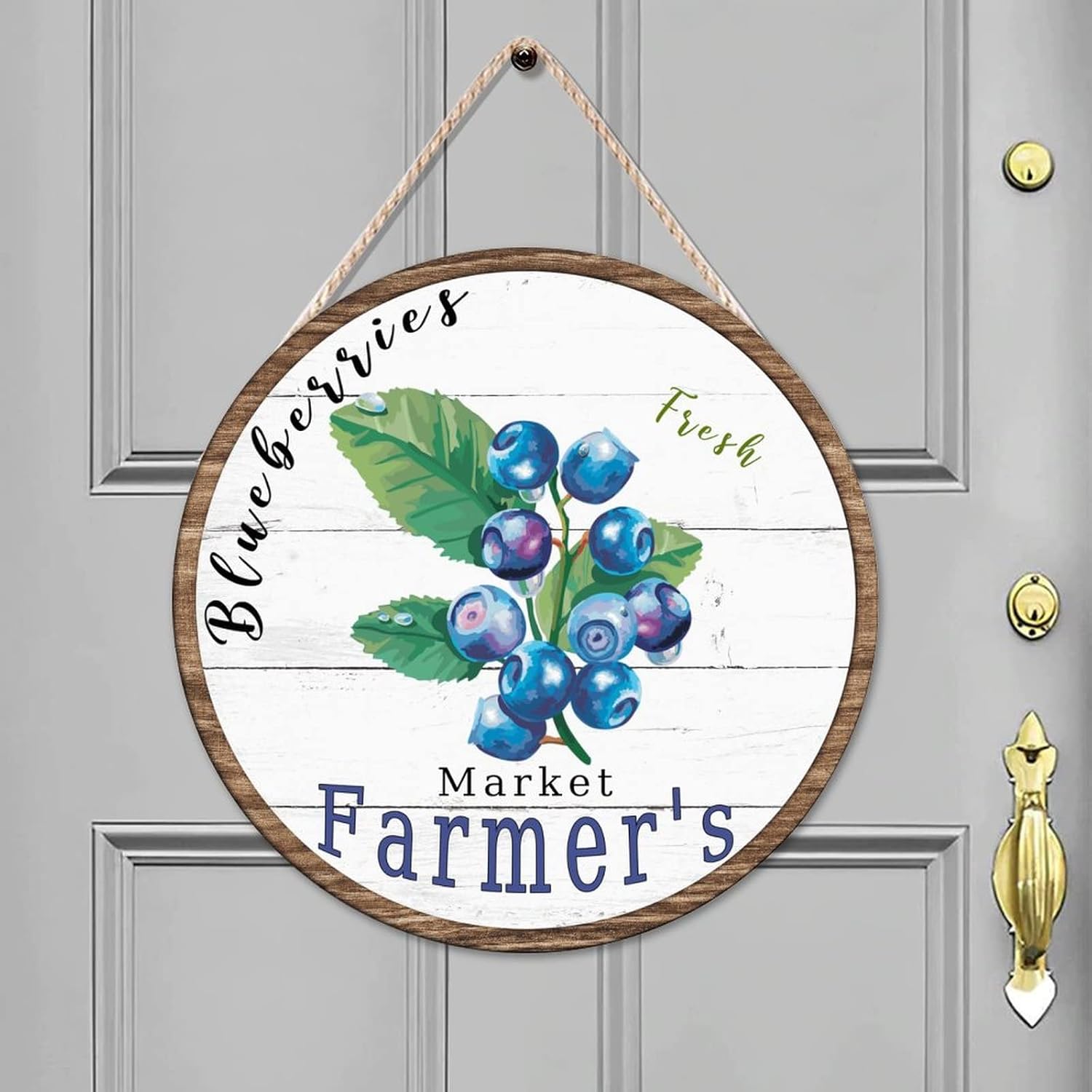 Fruit Wall Hanging Sign Plaque, Vintage Fruit Blueberry Wood Door Sign, Market Farmers 16x16in Round Door Hanger Sign Decor for Outdoor Front Porch Front Door Housewarming Gifts