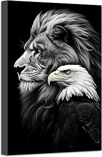 Lion and Bald Eagle Canvas Wall Art Black and White Animal Face Poster Prints Modern Artwork for Men Bedroom Living Room Office Decor Framed (Animal, 16.00" x 24.00")