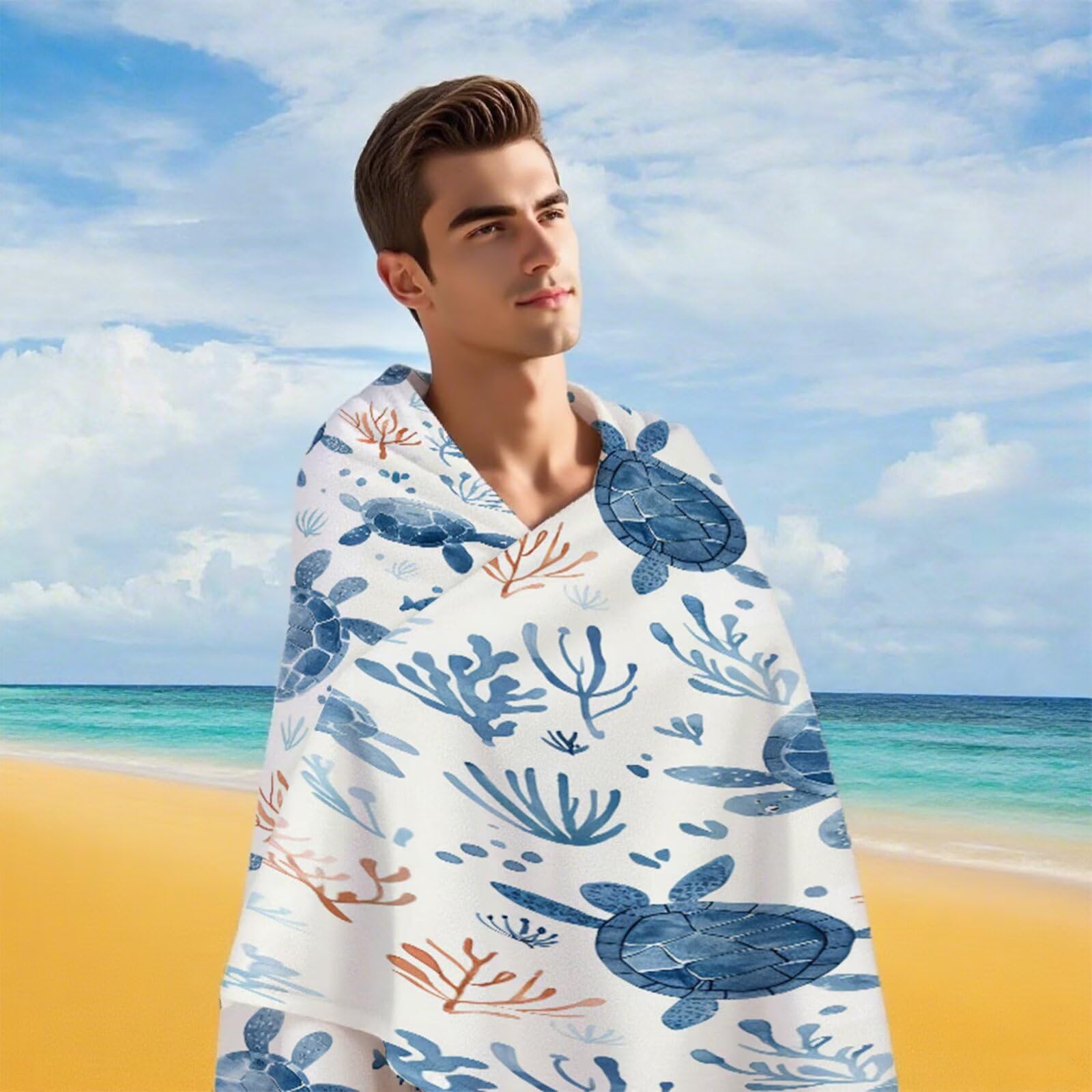 Duży ręcznik z mikrofibry XXL 220 x 100 cm ręcznik plażowy koralowy żółw ręczniki gimnastyczne szybkoschnące cienkie i kompaktowe ręczniki kąpielowe z torbą, ręcznik plażowy odporny na piasek dla