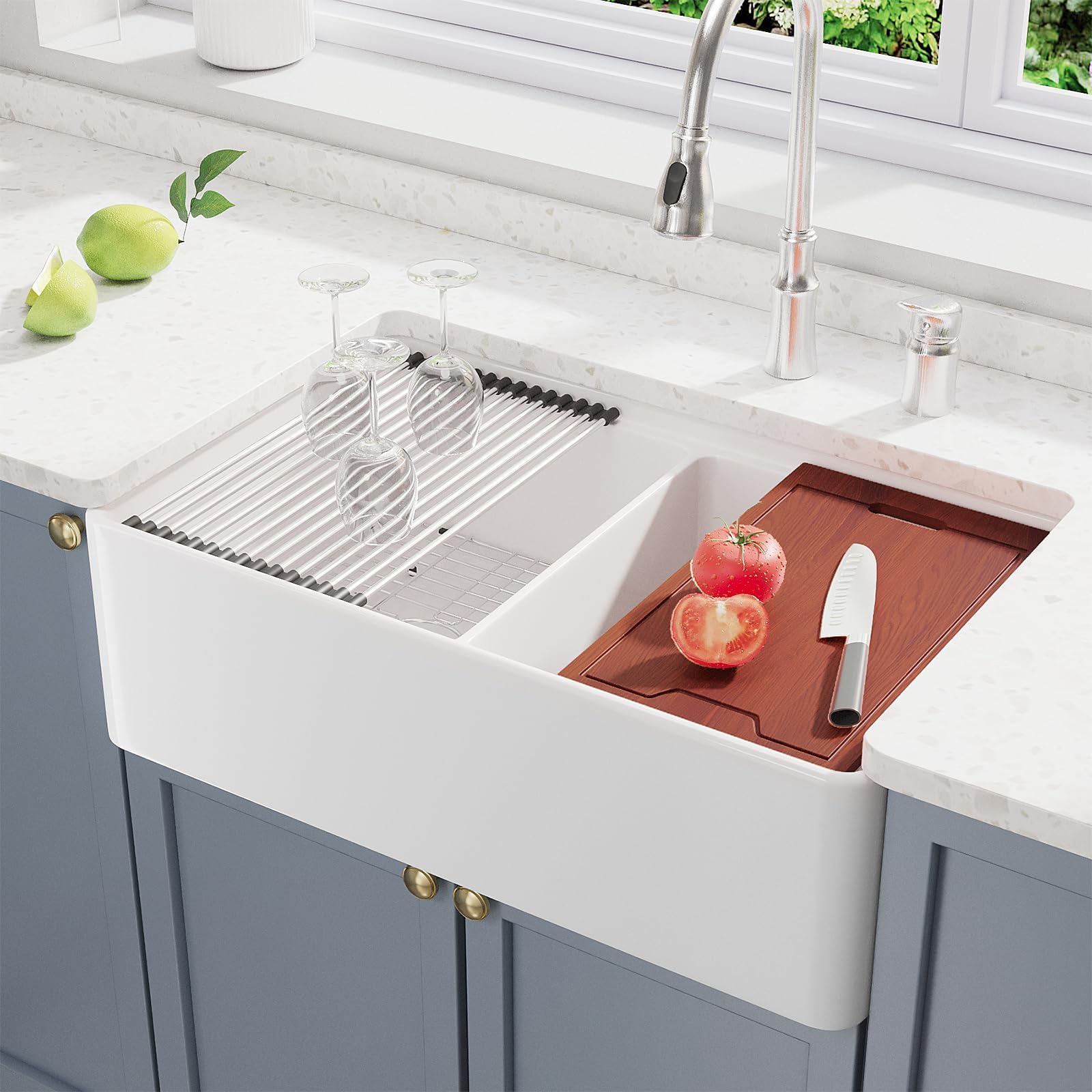 Lordear Double Bowl Workstation Kitchen Sink 33 Inch White Farmhouse