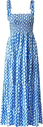 Gothden Summer Boho Midi Dress for Womens Square Neck Ruffle Tiered Flowy Smocked Sundress