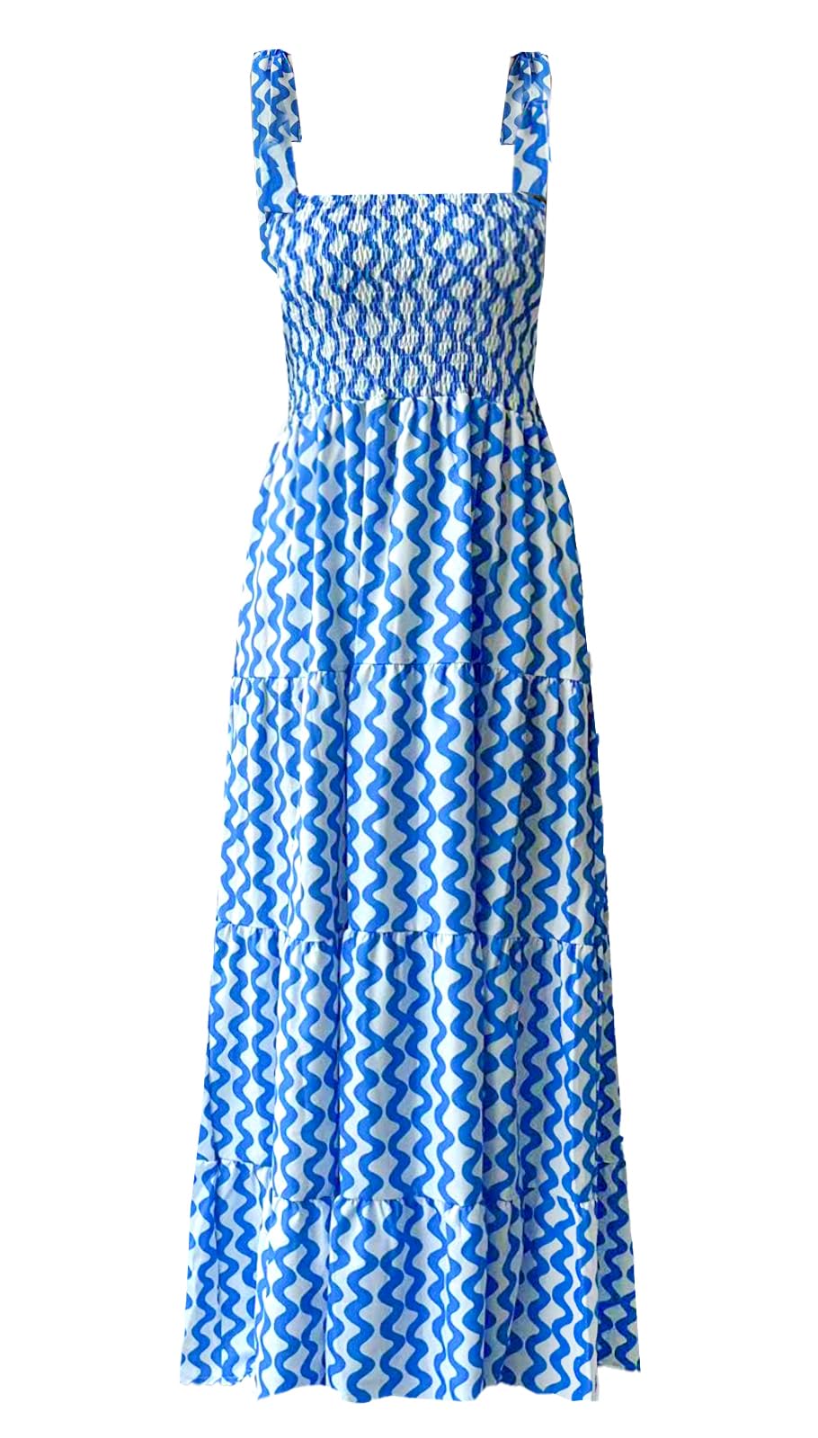 kinstell Women's Summer Boho Spaghetti Strap Square Neck Ruffle Casual Flowy Long Dress Beach Swing Party Maxi Dress