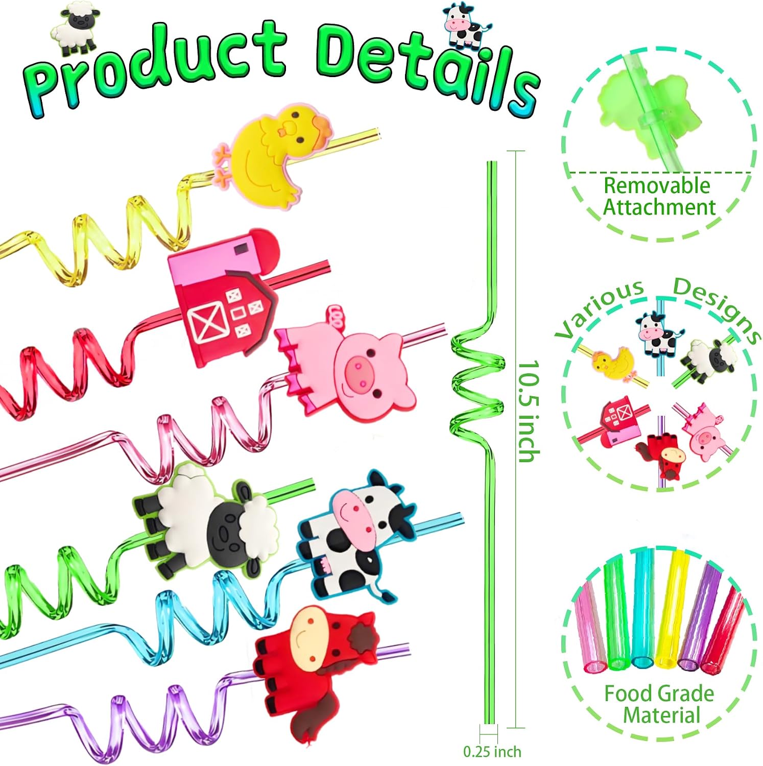 24 Reusable Plastic Drinking Straws for Farm Animal Birthday Party Favors