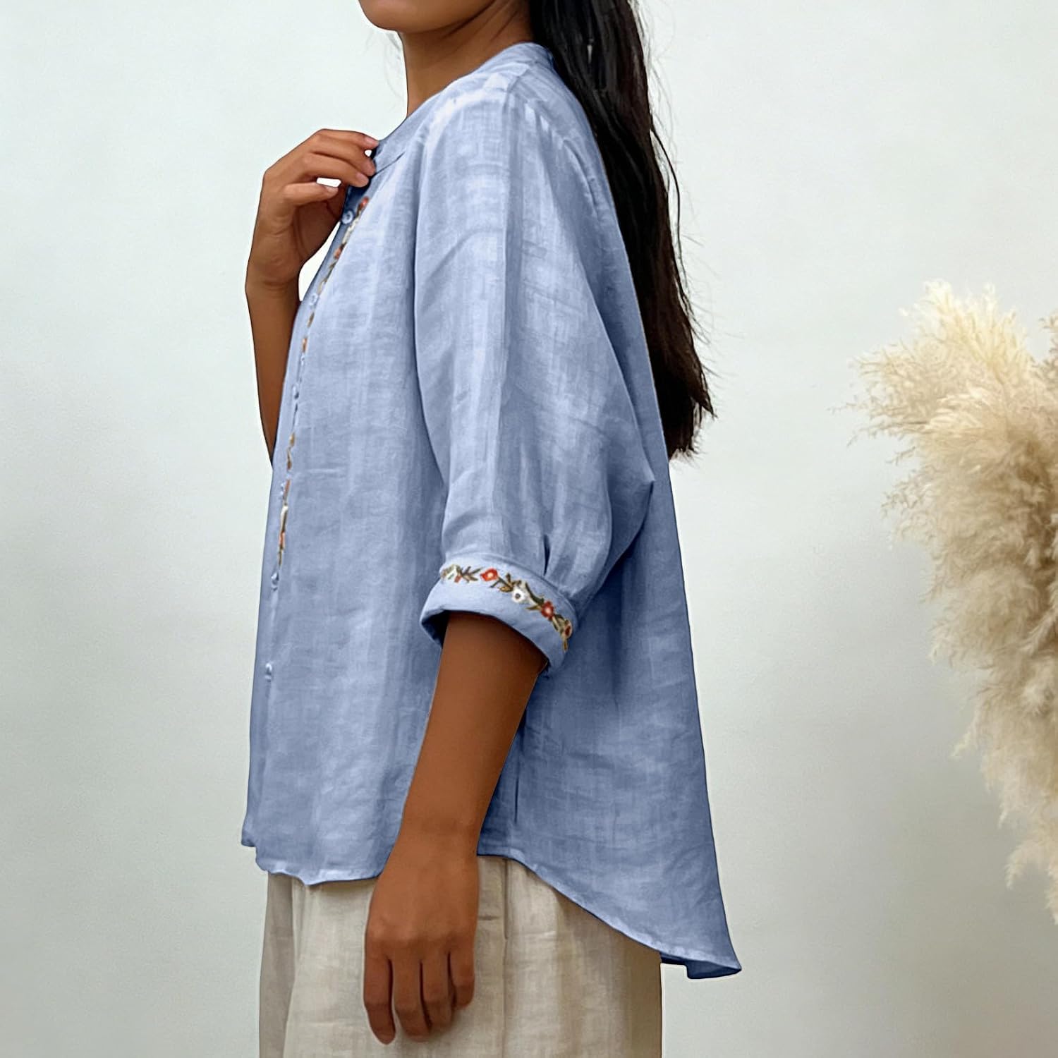 3/4 Sleeve Cotton Linen Blouses for Women Crew Neck Floral Embroidered Tops Loose Vacation Boho Peasant Gauze Shirts