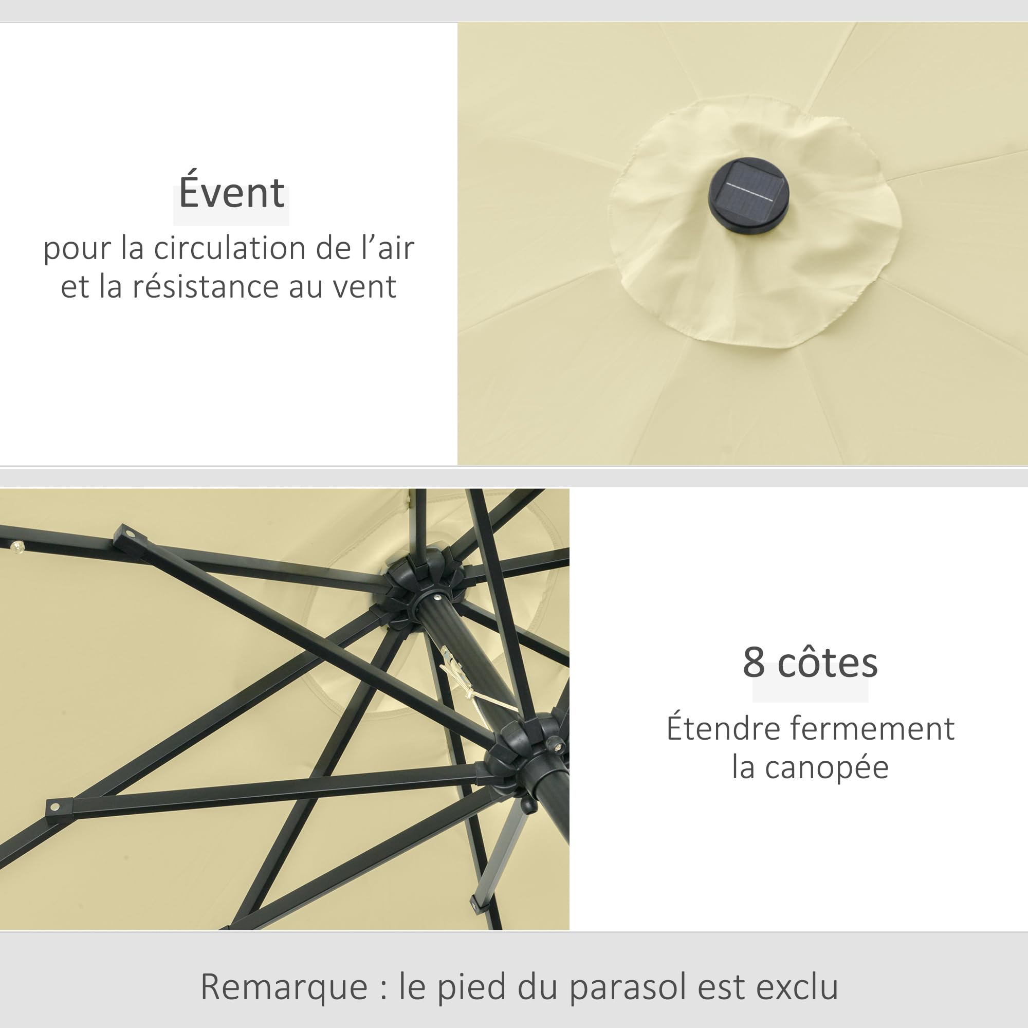 Outsunny Parasol de Jardin Extérieur Rond Ø 265 cm Droit Inclinable Beige