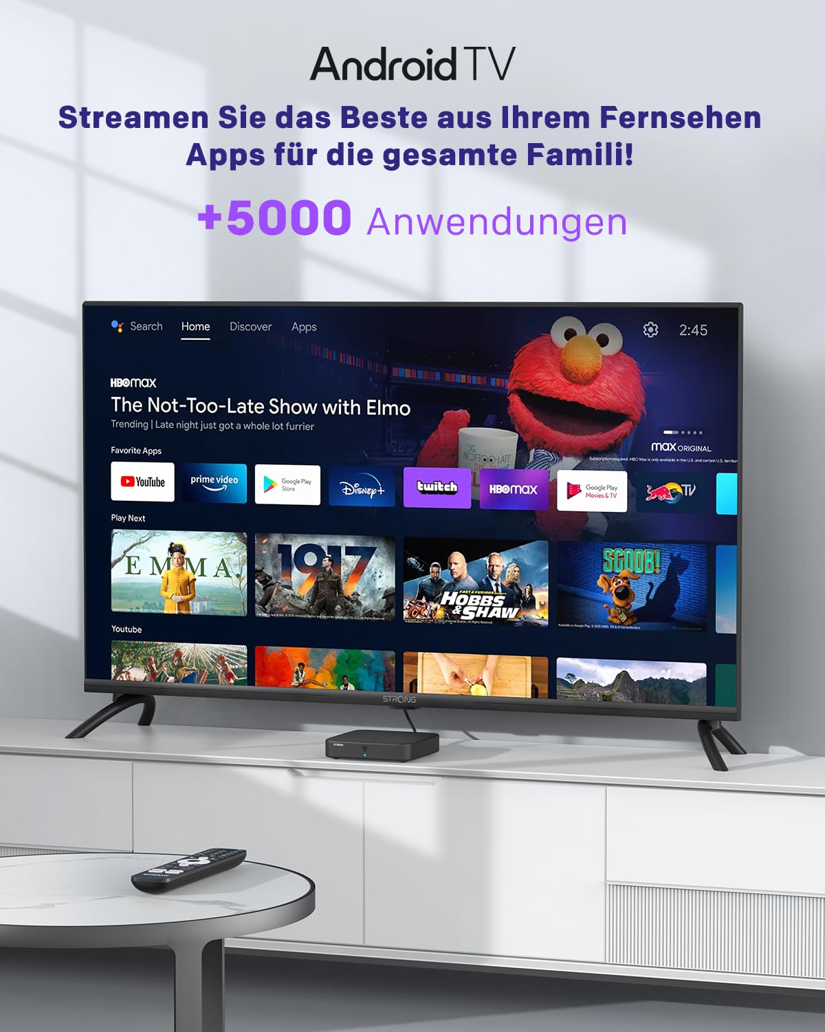 STRONG SRT420 4K Streaming Box Android TV mit Ethernet-Port, DVB-T2, 2GB RAM + 8GB Speicher, HDR10+