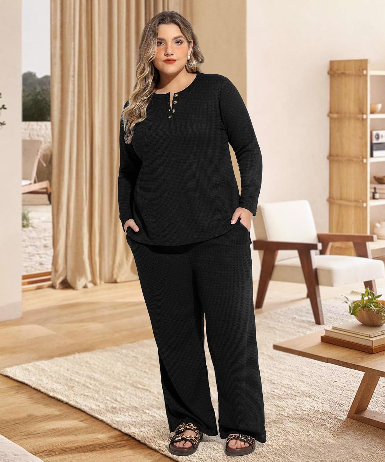 RITERA Plus Size Women 2 Piece Outfits Lounge Sets Knit Waffle Pullover Tops Wide Leg Pants Sweatsuit Pajama Sets XL-5XL - Image 2