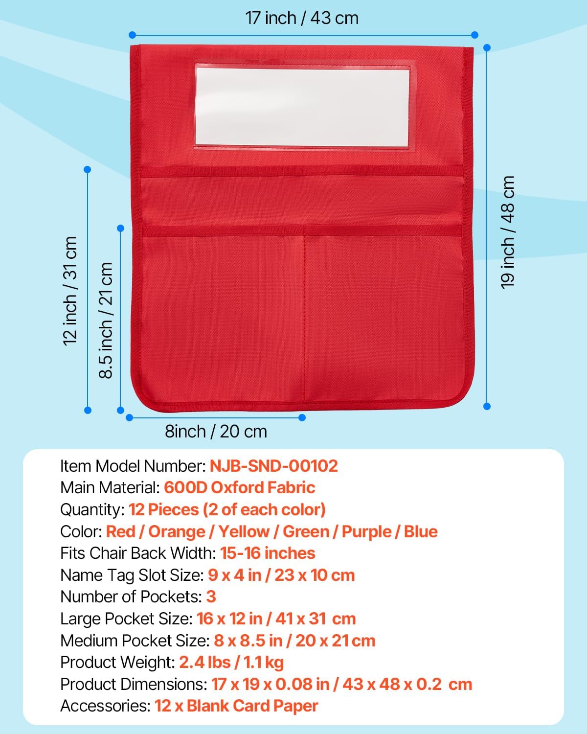 VEVOR Chair Pockets for Classroom, 12 Pack, 17 x 19 Inches Chairback Buddy Pocket with Name Tag, 6 Bright Colors, Back of Chair Organizer for Kids in Classroom, Kindergarten, School, and Home