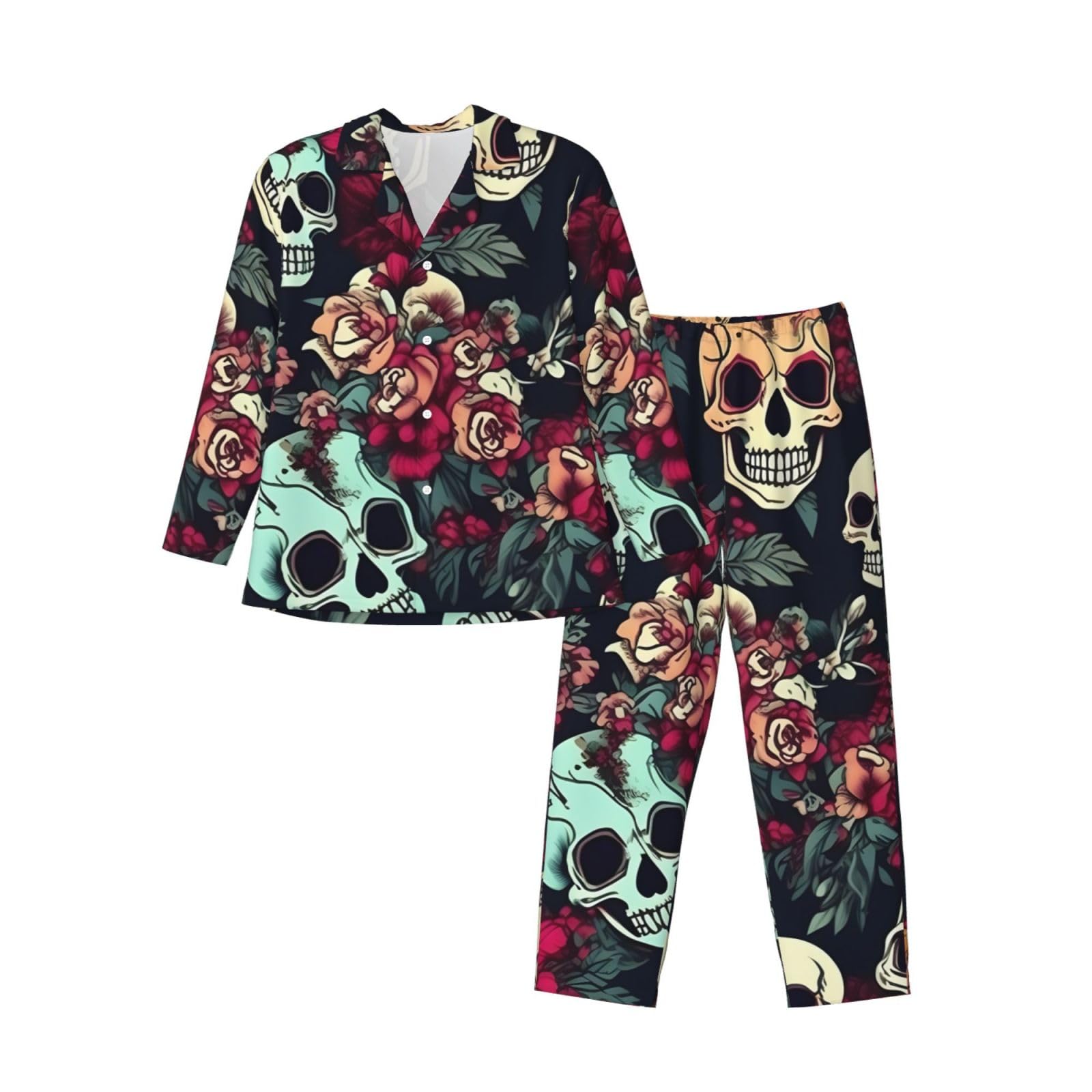 Herren-Pyjama-Set mit bunten Totenköpfen, langärmelig, zweiteilig, Hauskleidung, bequeme Nachtwäsche