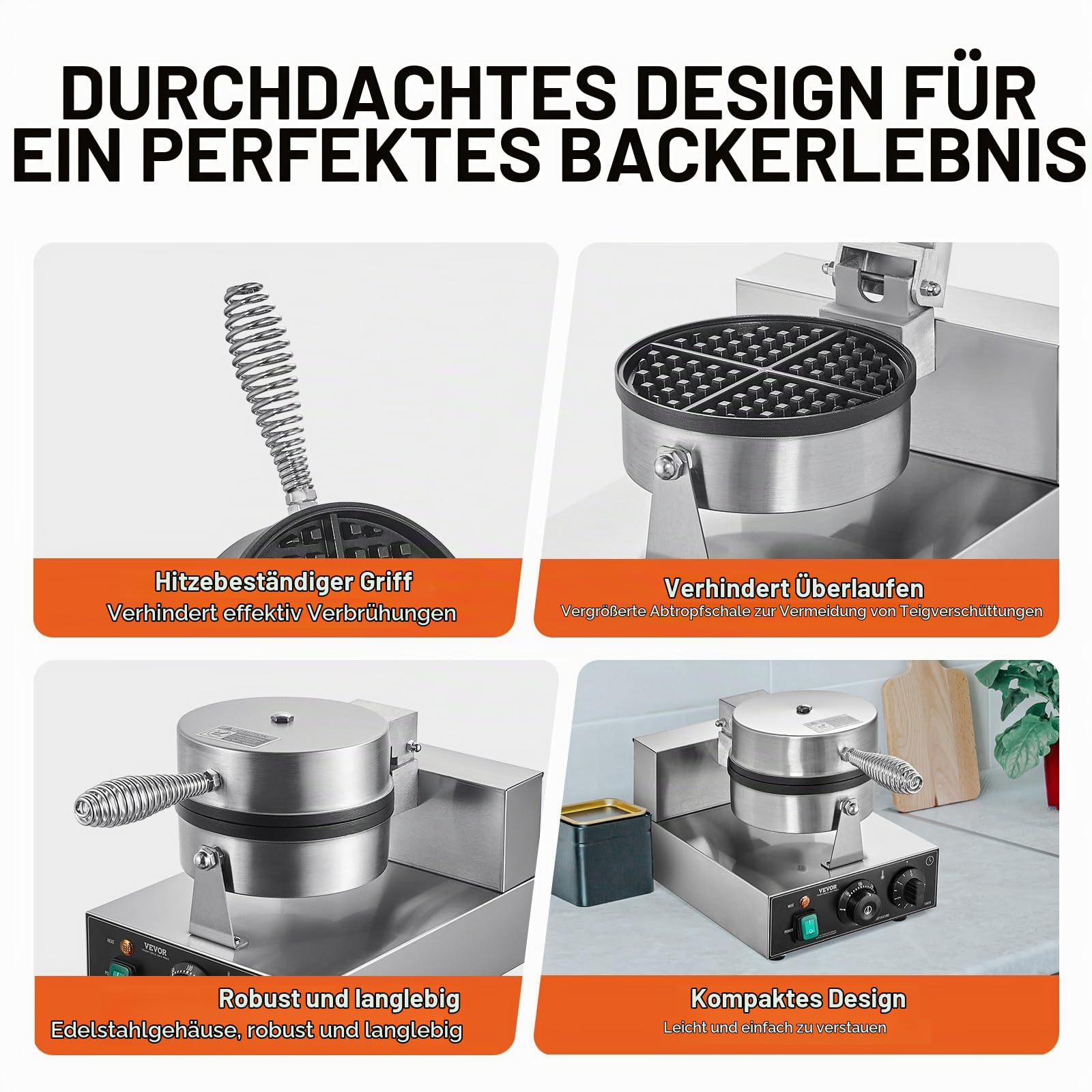 VEVOR kommerzielles Waffeleisen 1230 W Waffel Maker mit antihaftbeschichteten Backflächen Waffeleisen aus Edelstahl mit Temperatur- und Zeitregelung, für Restaurant Bäckerei 4 Fächerfömige Waffeln